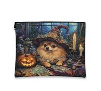 Halloween Pomeranian Dog Makeup Bag 7x9 Inch for Travel Pouch, Fun Scary Witch Bat Print Cosmetic Pouch for Women, Witchy Tarot Portable Canvas Zipper Organizer