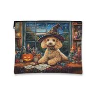 Halloween Poodle Dog Makeup Bag 7x9 Inch for Travel Pouch, Fun Scary Witch Bat Print Cosmetic Pouch for Women, Witchy Tarot Portable Canvas Zipper Organizer