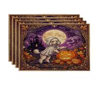 Halloween Poodle Dog Placemats Set of 4, 12x18 Inch, Holiday Haunted Houses 4Pcs Washable Table Mats for Dinning, Fall Seasonal Party Home Kitchen Decor