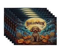 Halloween Poodle Dog Placemats Set of 6, 12x18 Inch, Holiday Graveyard 6Pcs Seasonal Table Mats for Home Dinning, Pumpkins Holiday Party Kitchen Decor