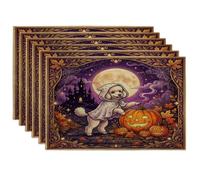Halloween Poodle Dog Placemats Set of 6, 12x18 Inch, Holiday Haunted Houses 6Pcs Washable Table Mats for Dinning, Fall Seasonal Party Home Kitchen Decor