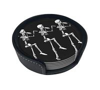 Halloween Posable Skeleton Skull Coasters For Drinks, 6 Pcs Leather Coaster With Holder, Round Cup Mat Pad Set For Home Office Table Decoration