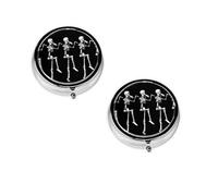 Halloween Posable Skeleton Skull Print Pill Box, Round Pill Organizer, 3 Compartment Small Pill Case for Purse & Pocket, Portable Medicine Box, Travel Pill Case