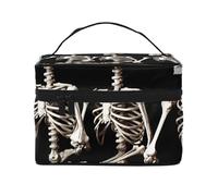 Halloween Posable Skeleton Skull Printing Makeup Bag for Women Portable Travel Cosmetic Case Make Up Organizer Bag Beauty Box with Inner Pouch and Handle