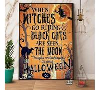 Halloween Poster, When The Witch Rides The Black cat, See Laughing at The Moon Poster Creative tin Sign Metal Sign Vintage Wall Decor 12x8inch Plaque tin Sign