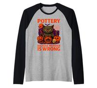 Halloween Pottery Cat Costume Funny Pun Orange Purple Raglan Baseball Tee