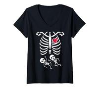 Halloween Pregnancy Twins Costumes Pregnant Skeleton V-Neck T-Shirt