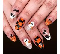 Halloween Press-on Manicure Set 24 Piece Oval False Tips, Pumpkin Bat Character Checkered Designs with Glitter Accents for Fall Party Looks