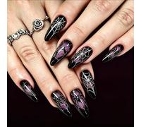Halloween Press on Manicure Web Artwork 24 Piece ABS Tip Set with Glossy Black Marbled Accent Finish Artificial Nails for Themed Costume Looks Halloween Press on Manicure Web Artwork Fake Tips