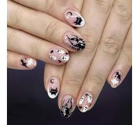 Halloween Press-On Nail Art Wraps, Short Rounded, Pink, Black and White | Cat, ghost, flame, dot and star motifs, for seasonal parties or playful everyday manicures, varied designs in 1 theme