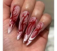 Halloween Press On Nails, 24 Pcs Long Stiletto Red Blood Drip French Tip | Red blood drip French tip false nails for Halloween parties, vampire costumes, gothic cosplay and horror-themed nail art