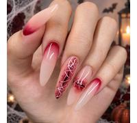 Halloween Press On Nails, 24 Pcs Long Stiletto Red Stitched Wound Design | Nude pink ombre false nails with red stitch art for Halloween parties, gothic fancy dress, vampire cosplay and nail looks