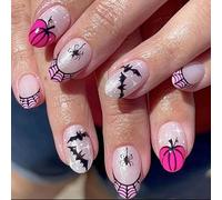 Halloween Press on Nails - 24PCS Almond Short False Nails - Glitter Base Pumpkin Spider Pattern Festival Elements - Long Lasting Glossy Full Cover False Nails with Glue