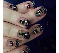 Halloween Press On Nails 24Pcs Dark Theme Kitten Tomb Design Glittering French Tips Nails Art For Gothic Nail Designs