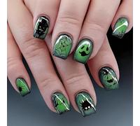 Halloween Press on Nails - 24pcs Glow in the Dark Spooky False Nails Green Black Fake Nail Tips, Easy to Apply Manicure Set for Women Party Costume Cosplay