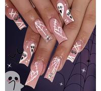 Halloween Press on Nails - 24PCS Long Coffin False Nails - Nude Pink Fake nails with Glue - Halloween Stick on Nails - Full Cover Glue on nails for Women - Gothic Ghost, Spider Web, Heart Nail Art