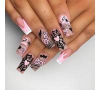 Halloween Press On Nails 24PCS Long Square Acrylic False Nails With Spider Web Dripping Designs - Spooky Coffin French Style Fake Pumpkin Skeleton Kit for Women Girls Party Manicure