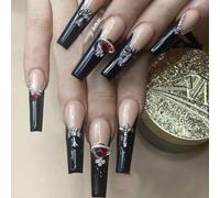 Halloween Press on Nails 24Pcs - Long Square False Nail with Black French Tip - 3D Star Rhinestone Gothic Silver Cross Fake Nail - Glue-on Extra Long Stiletto Stick on Nail for Halloween Party Cosplay