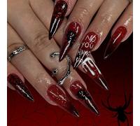 Halloween Press On Nails, 24Pcs Long Wine Red Gradient False Nails with Spider & Web Design, Full Cover Acrylic Fake Nail Tips for Women Girls Halloween Party Cosplay Decoration Nail Art