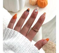 Halloween Press on Nails - 24Pcs Medium False Nail Oval - Ghost & Grid Design Orange French Tips - Almond Cute Fake Nails with Glue - Full Cover Acrylic Stick on Nails for Women Party Thanksgiving