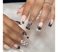 Halloween Press on Nails - 24pcs Medium French False Nails Square - Bat Spider Web Pattern Fake Nails with Glue - Pink Based Black Long French Tips - Acrylic Stick on Nails for Women Nail Art Cosplay