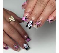 Halloween Press on Nails - 24pcs Medium Square False Nails with Skeleton Cobweb Pattern - Coffin Nude Pink Fake Nails with Glue - Acrylic French Stick on Nails for Women Nail Art Cosplay Party