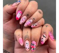 Halloween Press on Nails, 24Pcs Pink Almond False Nails with Cute Pumpkin & Ghost Design, Full Cover Acrylic Nail Tips for Women, Stick On Nails Art Halloween Party Cosplay Decoration