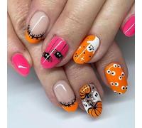 Halloween Press on Nails - 24Pcs Short Almond False Nails - Orange Pink Chromatic Tip with Specter & Pumpkin Designs - Long-Lasting Nails for Women and Girls - Firm & Not Easy to Fall Off