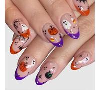 Halloween Press on Nails,24pcs Short Oval Almond False Nails Short,French Ghost Pumpkin Spider Web Nail Tips Stick On Nails for Women Girls,Acrylic Stick on Nail Art Cosplay Decoration