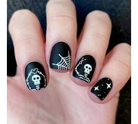 Halloween Press on Nails - 24Pcs Short Sqaure False Nails - Halloween Fake Nails with Cobweb, Ghost and Little Star Patterns - Full Cover Black Press on Nails Square in Matte, Nail Art Decoration