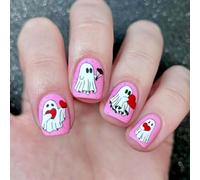 Halloween Press on Nails - 24Pcs Short Sqaure False Nails - Halloween Fake Nails with Little Ghost and Love Patterns - Full Cover Pink Press on Nails Square in Matte, Nail Art Decoration
