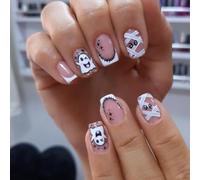 Halloween Press On Nails - 24pcs Short Square/Medium Square Fake Nails, Pumpkin Spider Web Mummy Ghost Bloody Teeth Gothic Nails, Reusable Acrylic Nails for Party Cosplay，Style B