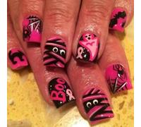 Halloween Press On Nails - 24pcs Short Square Pink Gothic False Nails - Coffin Fake Nails with Cute Bandage Ghost Spider Bat Design - Acrylic Glossy Stick On Nails with Glue for Women Party Nail Art