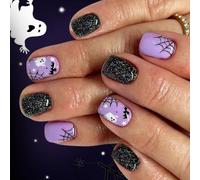 Halloween Press On Nails 24PCS Witch & Spiderweb Art Dark Glitter Art Accessories No Tools Needed Cobweb Nails