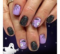 Halloween Press On Nails 24PCS Witch & Spiderweb Art Dark Glitter Art Accessories No Tools Needed Cobweb Nails