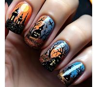 Halloween Press On Nails 24Pieces Reusable False Nails With Pumpkin Ghostly Web Patterns For Women Costume Accessories Forest Fake Nail Detachable