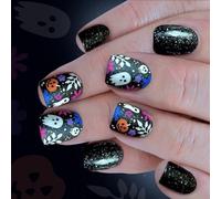 Halloween Press On Nails 24Pieces Skeleton Artwork Faked Nails Pumpkin Flower For Party And Daily Use Ghostly Halloween Nail Designs
