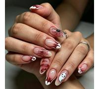 Halloween Press On Nails, 30Pcs Almond Ghost Spider Web Red French Tips | False Nails White Tip Fake Nails Set with Glue Nude Full Cover Stick on Nails for Women Halloween Party Nails Art DIY