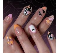 Halloween Press On Nails Almond Fake Nails Bat Acrylic Glossy False Stick On Full Covers Fake Glues Nail