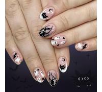 Halloween Press On Nails Almond French Tips Fake Acrylic With Flower Bat Designs Stick On For Womens Full Cover Artificial Nail