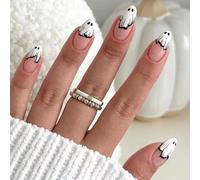 Halloween Press on Nails Almond with Ghost Designs Glossy Full Cover Artificial Nails Medium Length Fake Nails French Tip Halloween Glue on Nails Almond Medium Stick on Nails for Women, 24Pcs