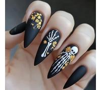 Halloween Press on Nails Black Almond Medium Length Fake Nails Matte False Nails with White Skull Yellow Flowers Designs Scary Nightmare Full Cover Acrylic Glue on Nail