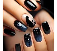 Halloween Press on Nails - Black Cat & Moon Short Square False Nails 24PCS Gothic Full Cover Acrylic with Starry Night Design and Adhesive Tools for Women
