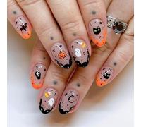 Halloween Press On Nails - Black Orange French Tip False Nails - Short Oval Fake Nails With Pumpkin Cat Ghost - Cute Autumn Almond Stick On Nails For Women Girls DIY Nail Art Party Cosplay Decoration
