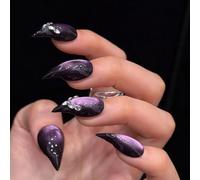Halloween Press on Nails - Black Purple Cat Eye Diamond Short Curved Stiletto Handmade Design Horror Vampire Fake Nails Dragon Cat Claw Press on Nail Matte Acrylic Glue on Nail Thick (L)