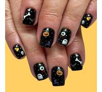 Halloween Press on Nails Black Short Square Fake Nails with Pumpkin Skull Bat Ghost Eyeball Designs 24 Pcs Reusable Glue on Nail Full Cover Acrylic Nail for Women WYFHDT