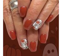 Halloween Press on Nails Brown Fake Nails Ghost Pumpkin Glue on Nails Short Square False Nail with Cute Design Nail Press Ons Artificial Acrylic Full Cover Stick on Nail for Women Girls Manicure 24Pcs
