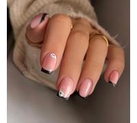 Halloween Press On Nails, Cute Ghost Black French Tip Fake Nails, Easy DIY | 24pcs Glossy nude-pink square nail tips with playful white ghosts, ideal for Halloween, costume parties, cosplay