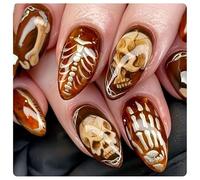 Halloween Press on Nails, Day of Dead Nails Art, Goth Almond Fake Nail with Skull Design, Fashion Removable Glue on Nail Manicure Kit for Women Girls Party Holiday