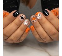 Halloween Press on Nails for Women, 24Pcs False Nails with Orange Pumpkin Ghost Bat Designs, Black White Pink Stick on Nails for Halloween Party Cosplay Decoration